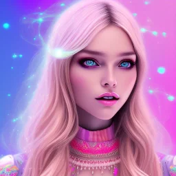 beautiful, soft, big smile face, whole head, long straight blonde hair blues eyes, crown on the head, clothing in transparent bluish and pink veil, background brillante bluish and pink, hight definition, 8K