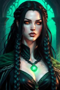 Beautiful young Hexblood warlock female character. Long straight jet-black hair to the waist. Half-up hairstyle with two loose Dutch braids on each side. Bright glowing pale emerald-red eyes. Delicate face. High cheekbones. Full lips. Soft smile. Faint dark vine-like markings on face, neck and collarbone. Black cloak. Realistic dark fantasy. Highly detailed. Cinematic lighting.