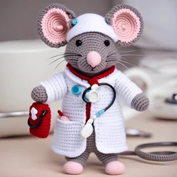 Adorable crocheted mouse doctor wearing a crocheted medical suit with a tiny crocheted medical bag and a crocheted stethoscope around his neck.