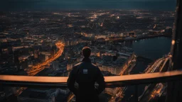 An Englishman in a bomber jacket standing at the top of a tall building looking across a city at night