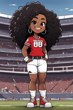 A sassy thick-lined comic book art cartoon image of a black chibi girl standing in front of a football stadium. She is wearing a Georgia Bulldogs football jersey with tight white jeans and timberland boots. behind her curvy body. Looking up coyly, she grins widely, showing sharp teeth. Her poofy hair forms a mane framing her confident, regal expression. Prominent makeup with hazel eyes. Hair is highly detailed.