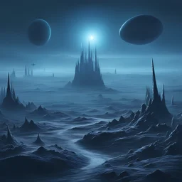 dark frozen alien landscape. some tiny, spiky blue evil alien creatures. spacecraft in the distance. planet in the distance. some mist