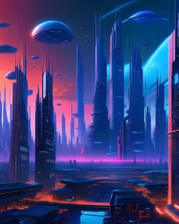 A futuristic cityscape on a distant exoplanet, towering skyscrapers with neon lights, flying vehicles in the sky, a sense of wonder and exploration, digital art with a cyberpunk aesthetic, --ar 16:9 --v 5