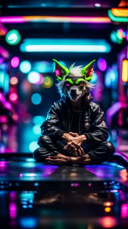 camera angle from feet, portrait of slick lord water wolf Gremlin myth buster pimp ninja yoga cyber punk sitting on the hood of a hipster car parked in dark neon lit reflective wet arcade hall tunnel,bokeh like f/0.8, tilt-shift lens 8k, high detail, smooth render, down-light, unreal engine, prize winning