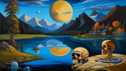 Oil painting, A surreal landscape featuring a skull, an egg, and a butterfly on a table. In the background, there are mountains leading to a lake under a sky filled with stars , with a circular light source illuminating the scene. Reflections in water add depth to the composition, creative, extremely detailed brush stroke