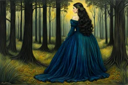 create a 3/4 profile, full body oil pastel of a dark haired, savage, ornately dressed, vampire girl with highly detailed , sharply defined hair and facial features , in a quiet forest glade at twilight, in the Pre-Raphaelite style of JOHN WILLIAM WATERHOUSE