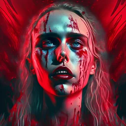 Singer Danish MØ face, blood, futuristic, iridescent, guts, wildflower, cosmic, intricate, darkred tones,