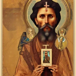 patron of photographers holding a camera in one hand and film roll in the other. orthodox icon with saint photographer. Cyrillic inscriptions. hyperdetailed, Alphonse Mucha, Zdzisław Beksiński, poster, illustration, ink, oil on canvas, 18th century atlas