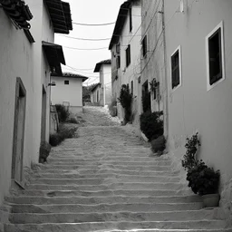 Calle de un pueblo de una isla italiana en verano, con escalinata, fotografía real, fotografía realizada con cámara Leica y objetivo de 50 mm, siguiendo estilo de la serie 'Ripley' emitida en Netflix, fotografía en blanco y negro, virada tonos años 50