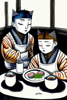 Two boycats, sitting at a table, eating sushi,perfect iris, ink and pencil, style Elisabeth Kreitz