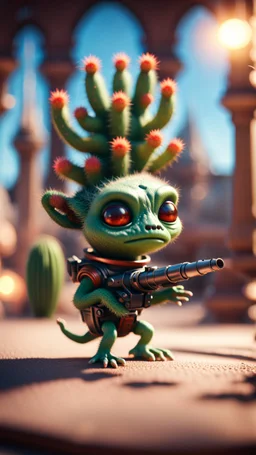 sad cactus alien gremlin firing cactus rocket launcher in high end palace,bokeh like f/0.8, tilt-shift lens 8k, high detail, smooth render, down-light, unreal engine, prize winning