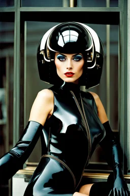 female humanoid robot, beautiful like a supermodel from the sixties, beautiful eyes, sexy, most beautiful, helmut newton, evil woman, hypnotic eyes, polaroid colors, electric sexuality