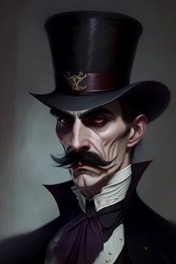 Strahd von Zarovich with a handlebar mustache wearing a top hat while looking disdainful