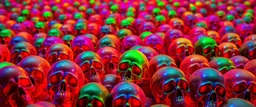 a field of 1000s of psychedelic psilocybin induced anatomically correct, skulls, vivid RANDOM BRIGHT neon colors, dark comedy, well lit, high detail, photorealistic, horrorcore, fun, scary, none featured, each a different color or hue, close to anatomically correct