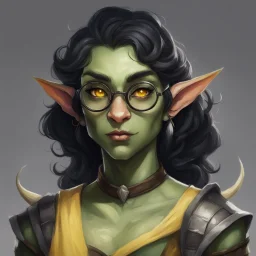 dnd, portrait of cute orc-elf hybrid femboy, black hair, curled hair, hair covering one eye, round glasses, tusks, yellow eyes, flat chest