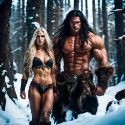 Giant muscular male mountain man with long dark hair with a petit female with long blonde hair, dark fantasy, snowy forest