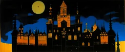 A dark gold glowing castle with clocks designed in Mayan architecture painted by Lyonel Charles Feininger