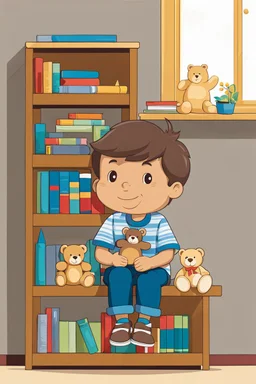 a young boy sitting on a shelf holding a teddy bear,7 years old, shirt