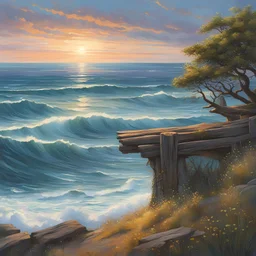 Cliffs overlooking the seaside, dynamic waves crashing, rustic wooden fence lining the cliff edge, expansive ocean view with a distant horizon, sky painted with the colors of dawn, a solitary tree standing prominently with thick, twisting branches, a weathered swing gently swaying, an innocent child with ringlet hair and sparkling gray eyes, dressed in a flowing white homespun dress adorned with little white flowers, wild blooms scattered around, a charming woven rope swing hanging from a sturdy