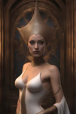 Head and shoulders image, A Science-Fantasy Heavy Metal Space Comedy in 3D - Once upon time in the fairytale village of liptilu there lived a tiny, thin, slender, little woman named Ferocha, a voluptuous beauty, wearing a skinsuit, inspired by all the works of art in the world, Absolute Reality, Reality engine, Realistic stock photo 1080p, 32k UHD, Hyper realistic, photorealistic, well-shaped, perfect figure, perfect face, laughing, a multicolored, watercolor stained, wall in the background,