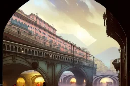 Train under bologna portici +riomaggiore+genoa street+turin+Italian medieval town+Italian city+alphonse mucha, greg rutkowski,matte painting, cryengine, hyper detailed, felix kelly, fantasy art, seb mckinnon