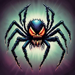 Digital, high quality pixel art illustration of Venomous spider with sharp fangs, radiating eerie aura in airbrush fade, 80s airbrush artwork style, bright caolored retro ... pixel art 16bit retro style .., gothic spider art, creature feature