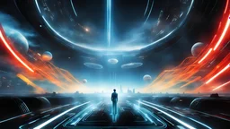 tron legacy movie, city of lights blue, red and yellow , programs, space ships, clouds, planets, creatures