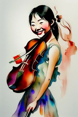 A cute smiling asian girl is holding a violin. Watercolour