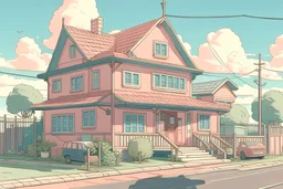 average suburban house in anime visual novel style muted colours