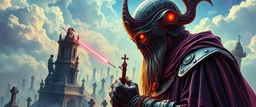 Epic portrait of most holy paladin vs demi-lich in tower cemetery in the style of Giger and Escher in Transparent Psychedelic Fluorescent Colors looking like a Record Cover, multidimensional depth of field, airbrush pen outline, on top of tower, seen from the clouds