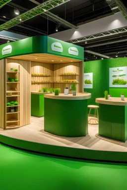 Corner green exhibition stand of a food company with product displays and a meeting area