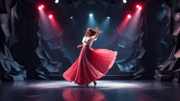 a 3d fractal stage structre made of metallic dark color 3d structures, pertty artistc background,dynamic lights,a beautiful lady in pretty maxi skirt and blouse dancing on stage