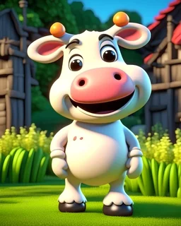 Happy cute cow cartoon character in old Disney style in 2d, milk, farm background, HDR, ray tracing, global illumination, Unreal Engine 5