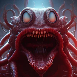 Monster, tentacles, red, huge, horror, teeth, a lot of eyes, masterpiece, expert, 8K, hyperrealism, sharp focus, cinematic lighting, blood, gore