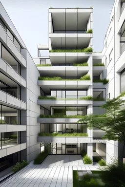 Quiero un edificio con 4 pisos moderno con patio interior. Y cada piso tenga una terraza comunal. Utilizando la teoría de temas de composición.
