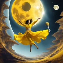 [fractal art: Apophysis, Mandelbulb 3d, Ultra Fractal] [Linda Thorson] A woman martial artist monk in a yellow suit is jumping in the air next to planet with a large moon