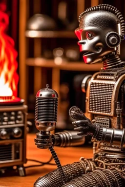 Robot firestarter with a microphone in hand, a hard rock man and metal radio host sleeping in the background