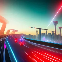 a guy in a futuristic motorbike leaving a futuristic city with neon lights at night, through a super highway, high speed, Looking from behind from a higher view to the highway seeing tall skyscrapers, outer space, vanishing point, super highway, high speed, digital render, digital painting, beeple, noah bradley, cyril roland, ross tran, trending on artstation