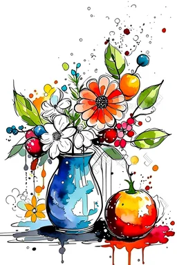still life with flowers and fruits, Water stains for coloring, depth, water color splotches, negative space , no outlines, no lines , white background, reverse coloring book