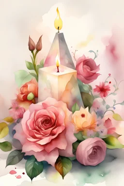MAGIC A PYRAMID CANDLE IS BURNING AROUND WONDERFUL FLOWERS English watercolor, Smoky cream, pale gray, pale pink, pink background. bright light, a bouquet of roses on the table are pale pink, pale bordeaux, white, ochre. green stems, the light is translucent. Watercolor, fine ink drawing,