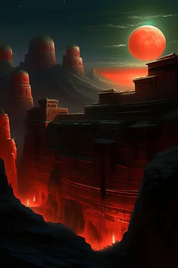 Distant view of an ancient walled city sitting in a canyon as viewed from the rim of the canyon, the city is lighted by torches placed along the walls with windows high upon the wall, One window has a scarlet cord draped out reaching the ground, the sky is dark and surrealistic with planets and moons on the horizon, the rim of the canyon has armored soldiers laying in wait while 2 spies work their way down to the outside of the city wall where the scarlet cord hangs from the window above a cross