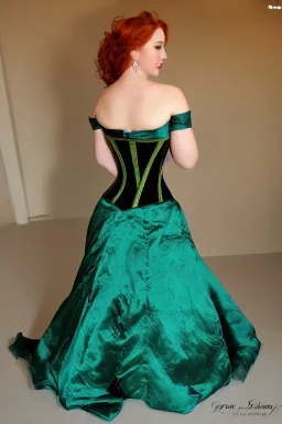 Busty princess with long auburn hair green eyes wearing a big dark teal green and gold satin ballgown corset off shoulder top at night