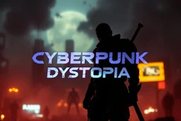 A Gaming Youtube Thumbnail, With "CYBERPUNK DYSTOPIA" Written on it with broken futuristic font with a neon glow on the font; with a silhouette of a warrior man standing giving apocalyptic vibes showing dramatic and cinematic ambiance.