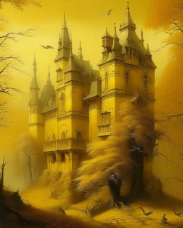 A golden yellow chateau with angels painted by Caspar David Friedrich