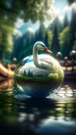 portrait of 4 dimensional swan inside a boat crystal ball hanging from a tree in the mountain , shot on Hasselblad h6d-400c, zeiss prime lens, bokeh like f/0.8, tilt-shift lens 8k, high detail, smooth render, down-light, unreal engine, prize winning