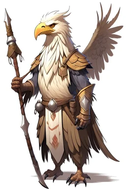 A large breasted aarakocra D&D 5e character. She is an eagle and usign a staff.