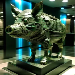 a statue of pig made out of money cyberpunk