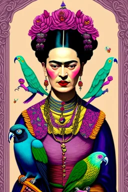 Friendly Frida Kahlo as a witch, playing with parrots, perfect iris, pastel colours, style Beatrix Potter