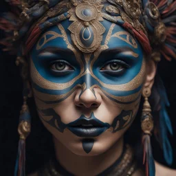 A hyper-realistic close-up portrait of a mysterious woman with intricate ceremonial face paint.