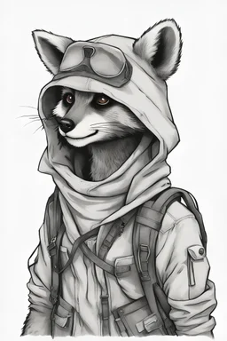 full body of an anthro raccoon thief, hooded, backpack, post-apocalyptic, sketch, blank background